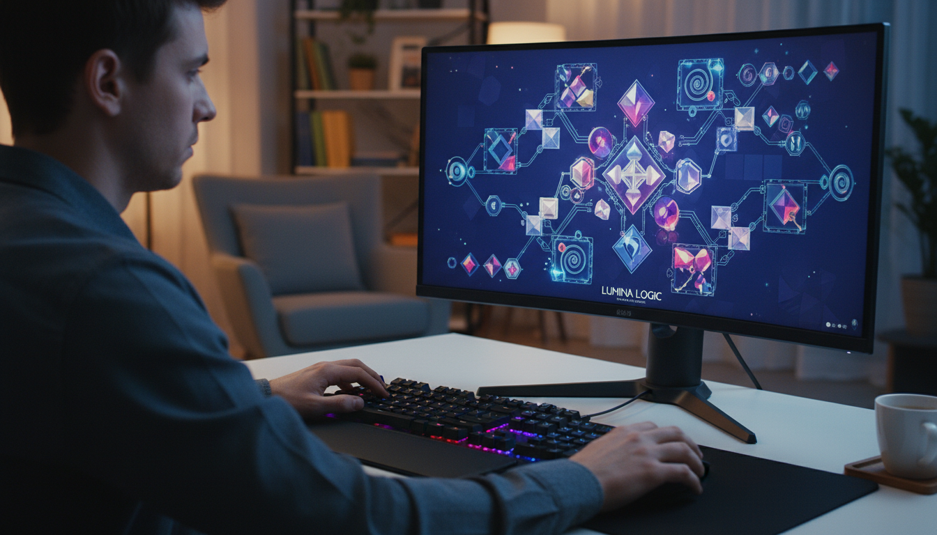 Mãos de jogador com teclado e mouse, tela de PC com jogo de puzzle visual complexo, arte e desafio em jogos para computador.