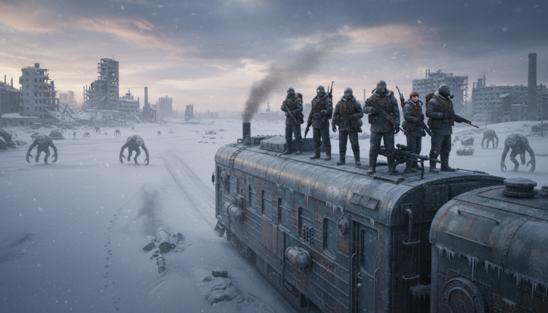 Artyom e tripulação na Aurora, paisagem de inverno pós-apocalíptica em Metro Exodus PC
