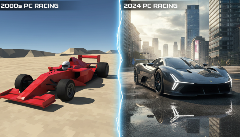 Comparação gráfica de jogos de corrida para PC de 2000 e 2024, mostrando a evolução de gráficos, carros e ambientes.