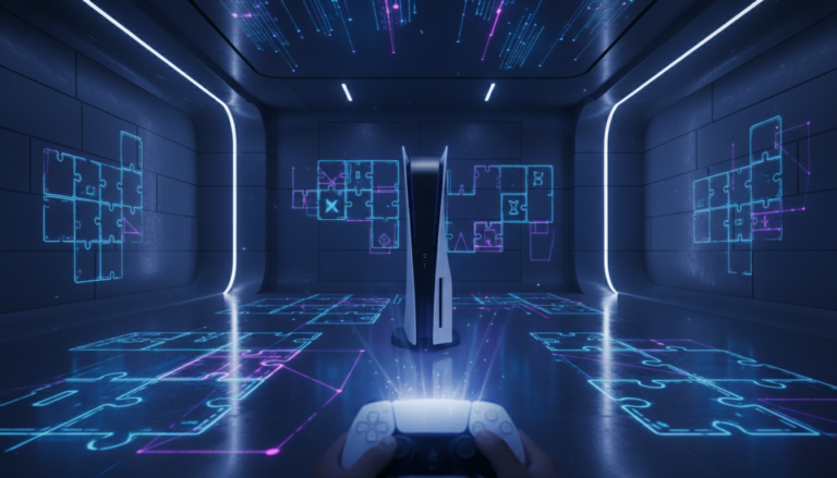 Console PS5 em ambiente futurista com elementos de puzzle projetados, simbolizando histórias de enigma e narrativas em jogos de puzzle para PS5.