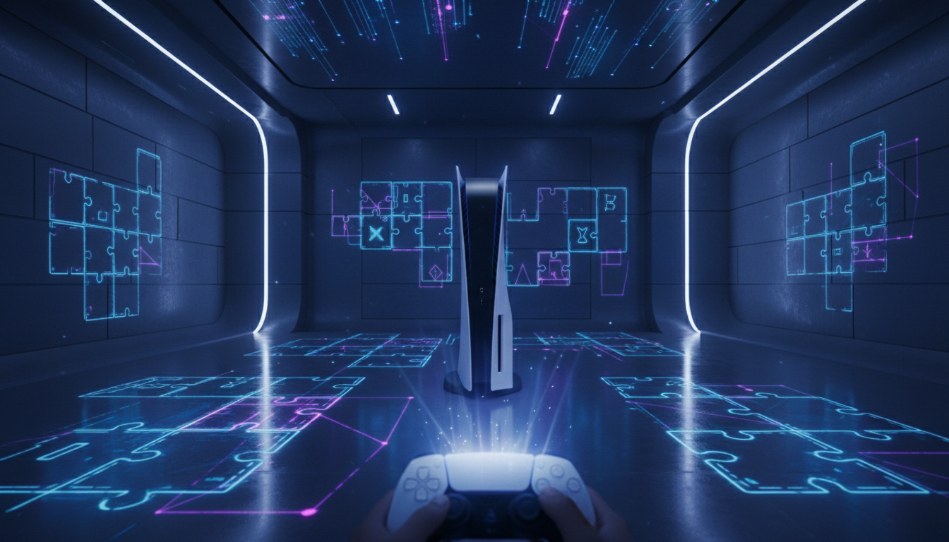 Console PS5 em ambiente futurista com elementos de puzzle projetados, simbolizando histórias de enigma e narrativas em jogos de puzzle para PS5.
