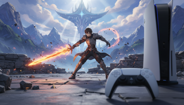 Captura de tela de Tales of Arise no PS5, com Alphen e Shionne em um cenário detalhado, exibindo gráficos impressionantes e efeitos visuais de alta qualidade. A imagem destaca o estilo artístico 'Atmospheric Shader'.