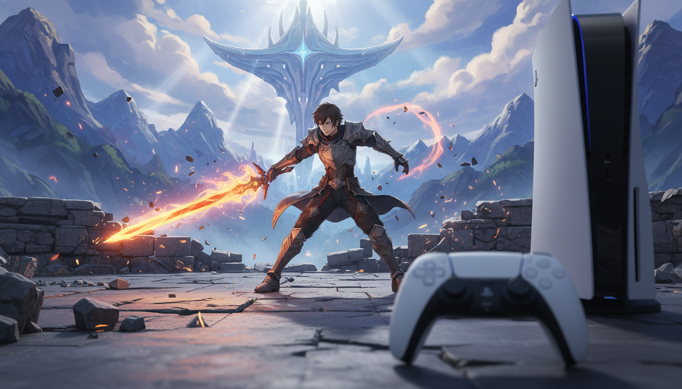 Captura de tela de Tales of Arise no PS5, com Alphen e Shionne em um cenário detalhado, exibindo gráficos impressionantes e efeitos visuais de alta qualidade. A imagem destaca o estilo artístico 'Atmospheric Shader'.