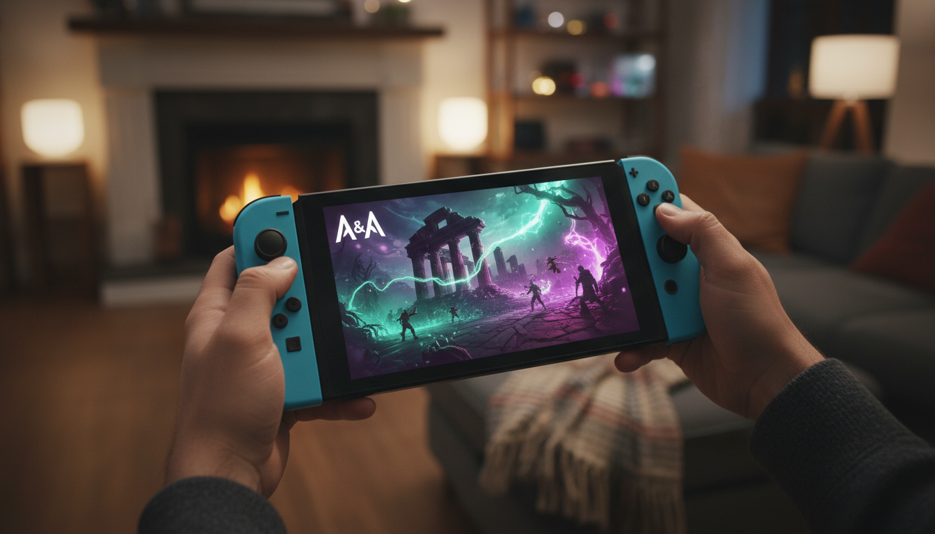 Jogador com Nintendo Switch 2 e jogo A&A na tela