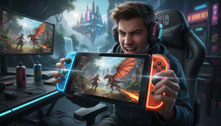 Jogador com Nintendo Switch 2, jogo de ação e aventura em tela, gráficos vibrantes, imersão total