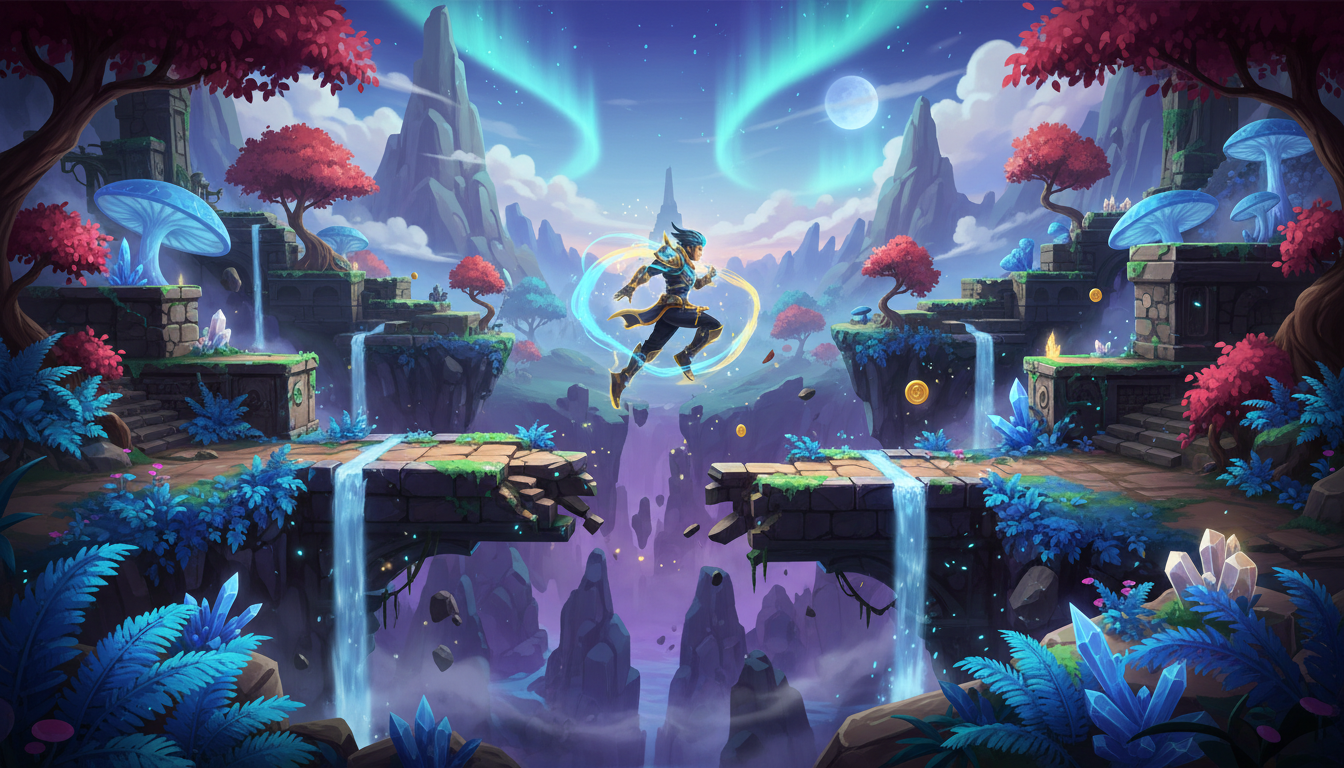 Kael, protagonista do Novo Jogo de Plataforma Xbox Series S, em um salto espetacular sobre um abismo, exibindo suas habilidades em Aetheria's Ascent.