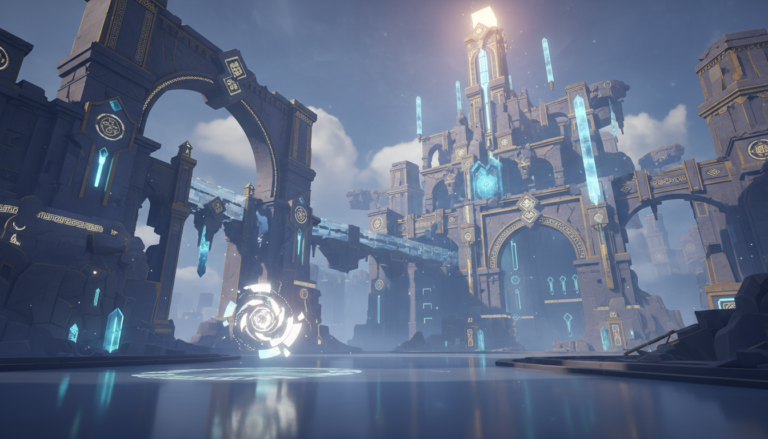 Cenário de Aetheria's Enigma no Xbox Series S com puzzle brilhante