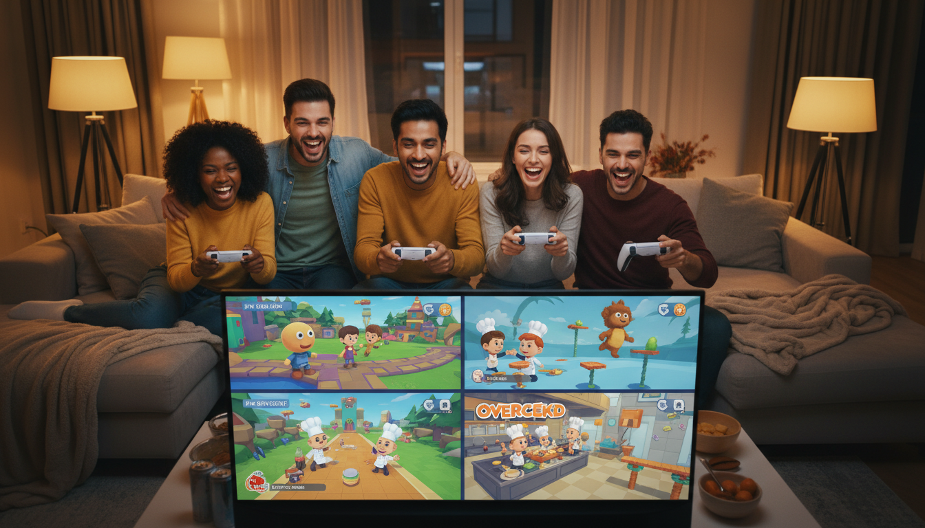 Amigos jogando Os Melhores Multiplayers de Plataforma para PS5, com controles DualSense