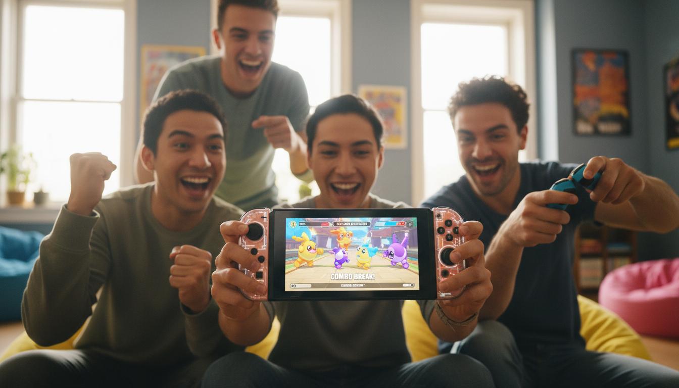 Grupo de amigos jogando jogos de luta no Switch 2, acessibilidade para iniciantes, diversão multiplayer