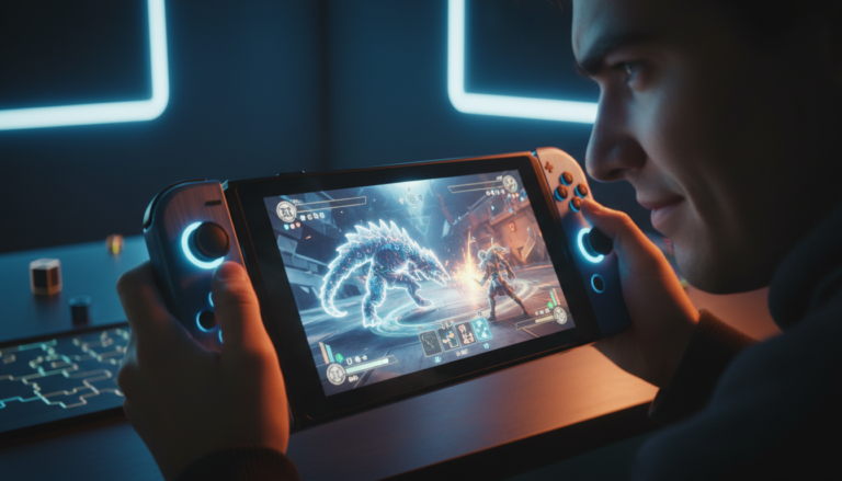 Jogador concentrado superando desafios em um jogo de Ação e Aventura no Switch 2, simbolizando triunfo e maestria.