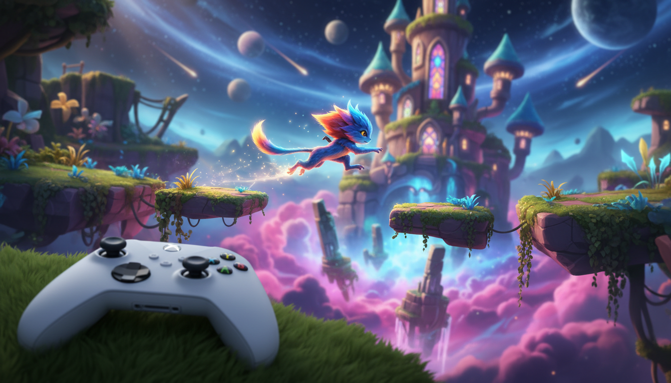 Personagem de jogo de plataforma em mundo colorido com controle Xbox Series S