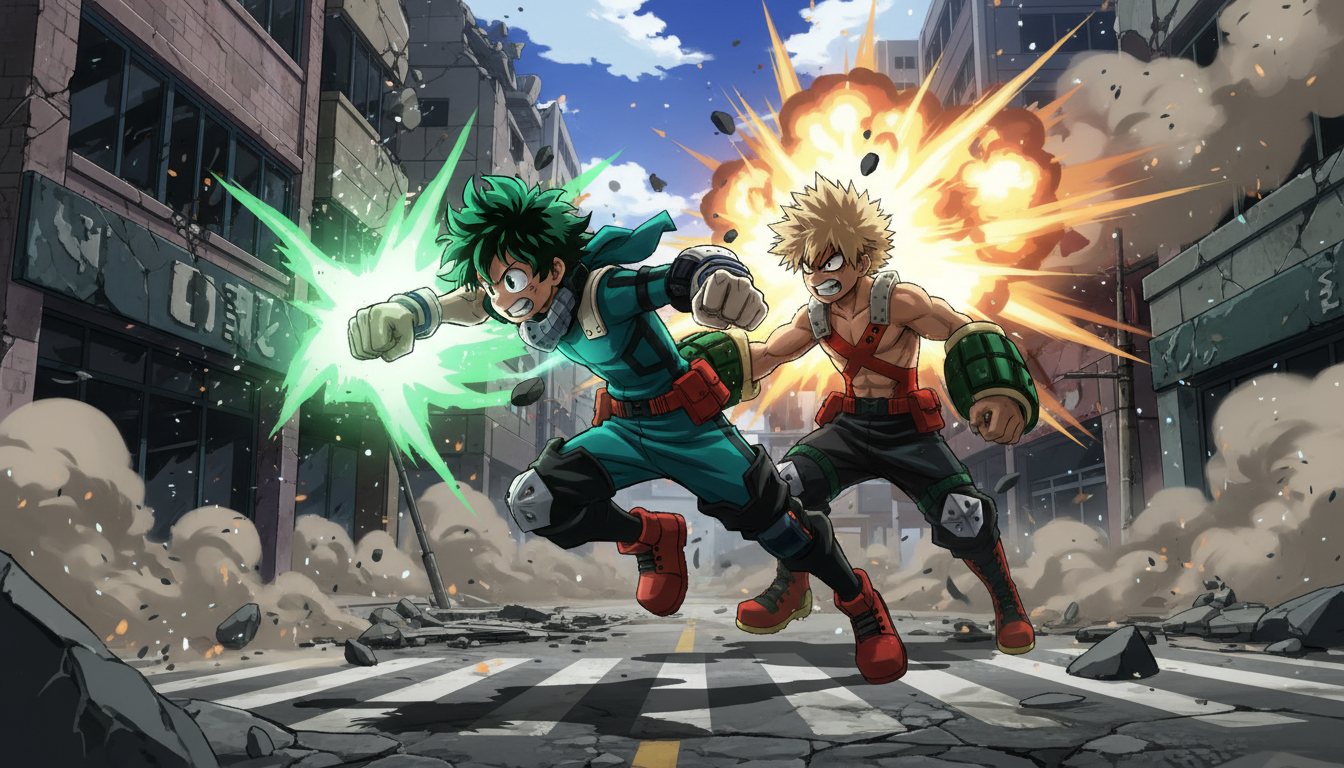 Deku e Bakugo em ação no jogo My Hero One's Justice 2 para Xbox Series S