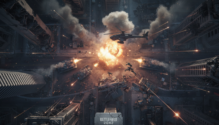 Cena de combate de Battlefield 2042 com especialistas, veículos e explosões, simbolizando a evolução do jogo.