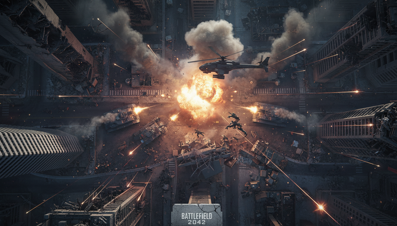 Cena de combate de Battlefield 2042 com especialistas, veículos e explosões, simbolizando a evolução do jogo.