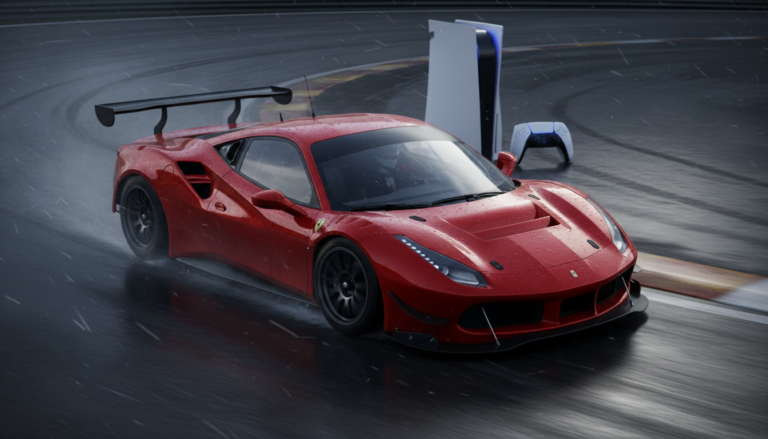 Carro de corrida em alta velocidade em pista chuvosa, PS5, jogo de corrida desafiador, simulação de corrida, adrenalina.