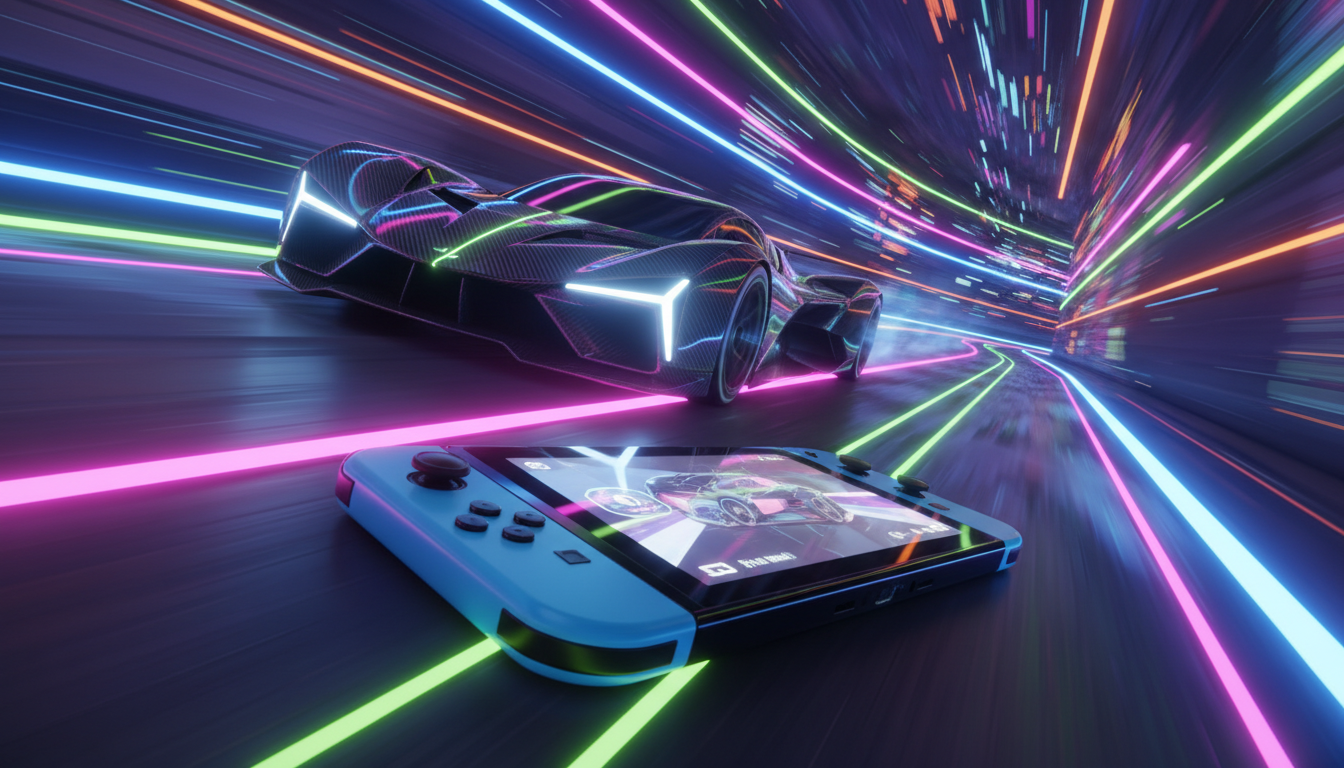 Carro de corrida futurista em pista neon com Nintendo Switch 2
