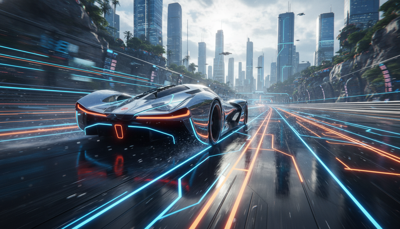 Carro de corrida em alta velocidade em pista futurista, gráficos e desempenho Nintendo Switch 2