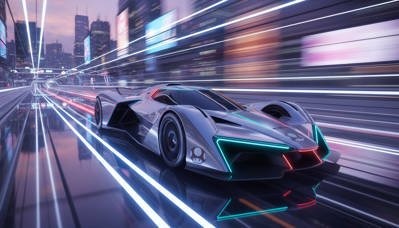 Carro de corrida futurista em alta velocidade, pista tecnológica, iluminação neon, reflexos, simulação de jogos do Nintendo Switch 2