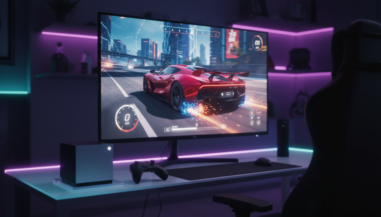 Xbox Series S com jogo de corrida de carro esportivo em tela, representando a garagem virtual de jogos.