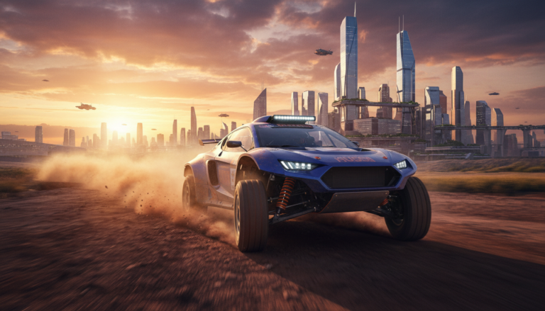 Corrida Off-Road e Urbana: Lançamentos de PC de 2026 - Carro de rally em trilha, cidade ao fundo