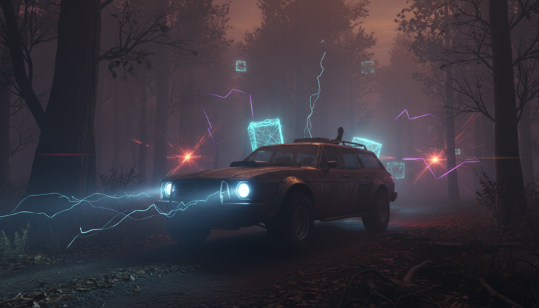 Carro de sobrevivência em Pacific Drive, rodeado por anomalias e neblina