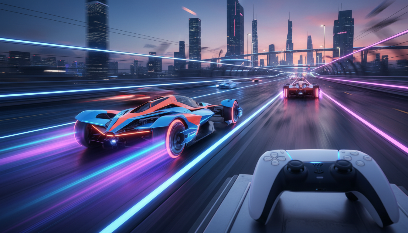 Carro de corrida arcade em alta velocidade em pista neon, jogos PS5, adrenalina, velocidade, diversão