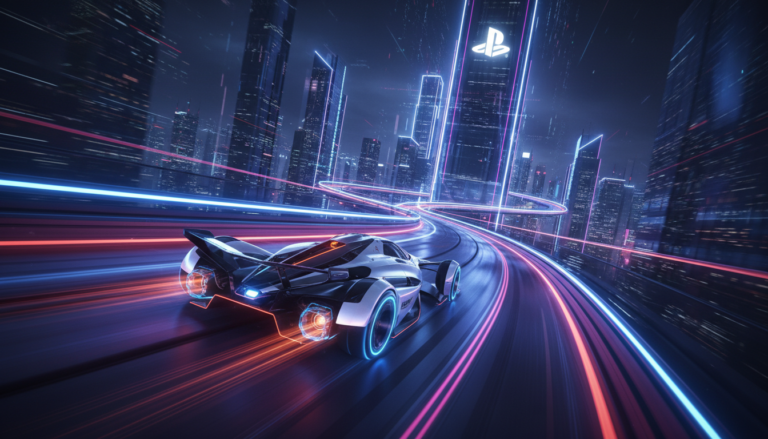 Carro de corrida futurista em pista neon, simbolizando os jogos de corrida mais esperados para PS5 em 2026.
