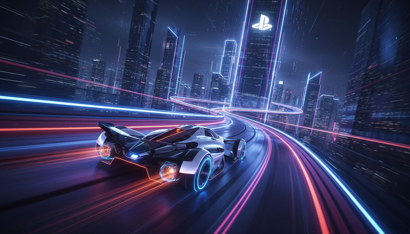 Carro de corrida futurista em pista neon, simbolizando os jogos de corrida mais esperados para PS5 em 2026.