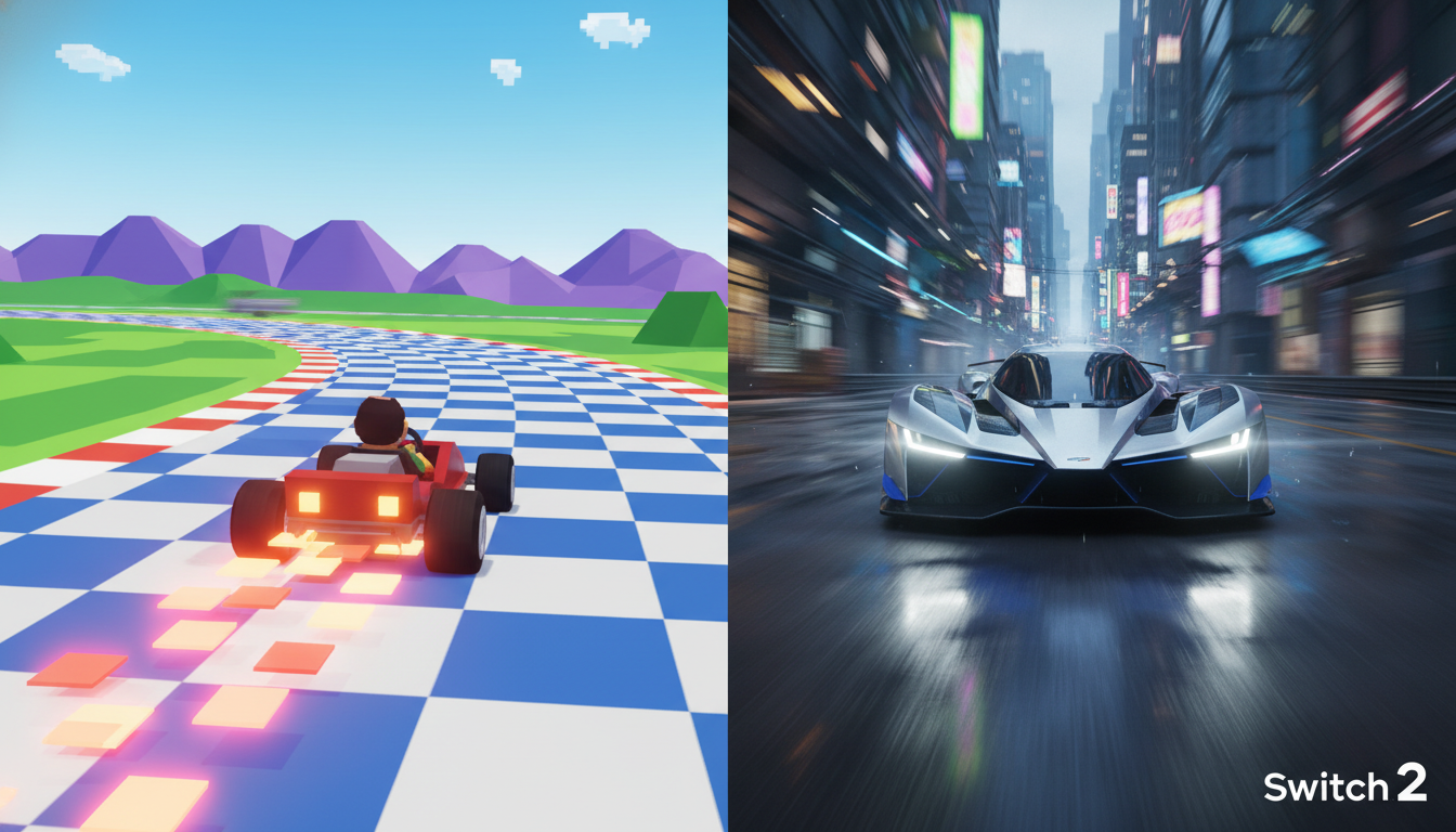 Imagem comparativa de jogos de corrida clássicos (pixelados) e novos (realistas) no Switch 2, ilustrando a análise.