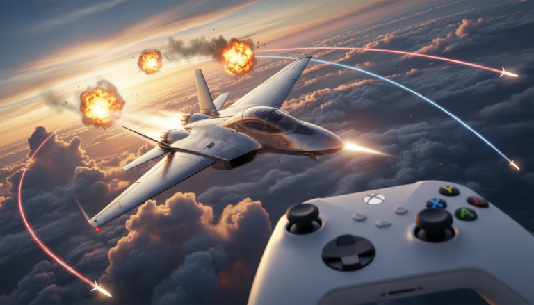 Caça a jato em combate aéreo sobre paisagem nublada com controle de Xbox Series S em primeiro plano.