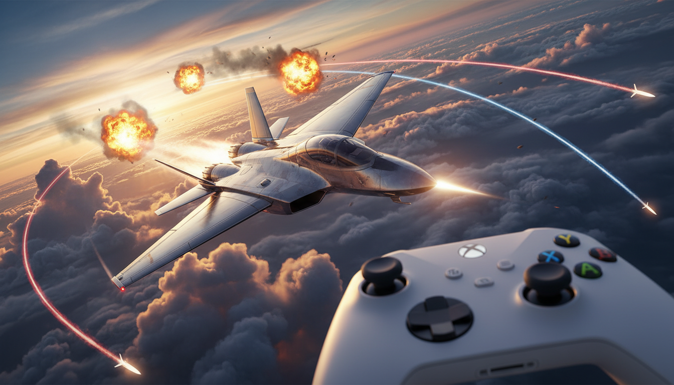 Caça a jato em combate aéreo sobre paisagem nublada com controle de Xbox Series S em primeiro plano.