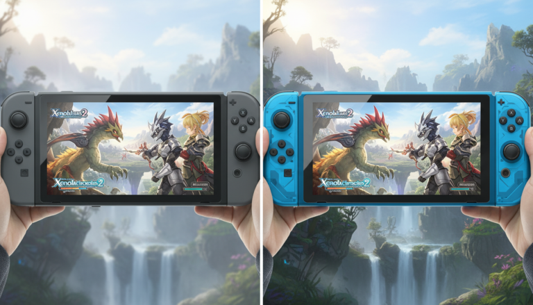 Comparação gráfica de RPGs no Nintendo Switch original e no Switch 2, mostrando melhorias em resolução, texturas, iluminação e efeitos visuais.