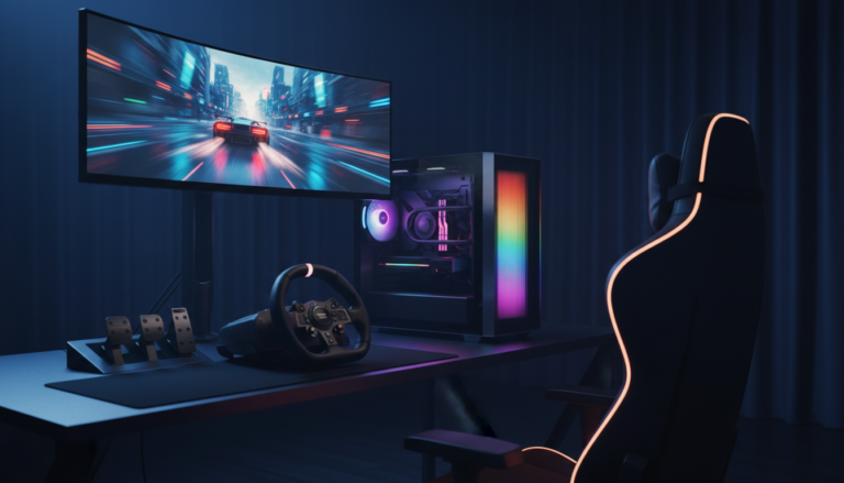 Setup de PC gamer com monitor ultrawide e volante, exibindo um jogo de corrida futurista de alta qualidade gráfica, representando a preparação para jogos de 2026.
