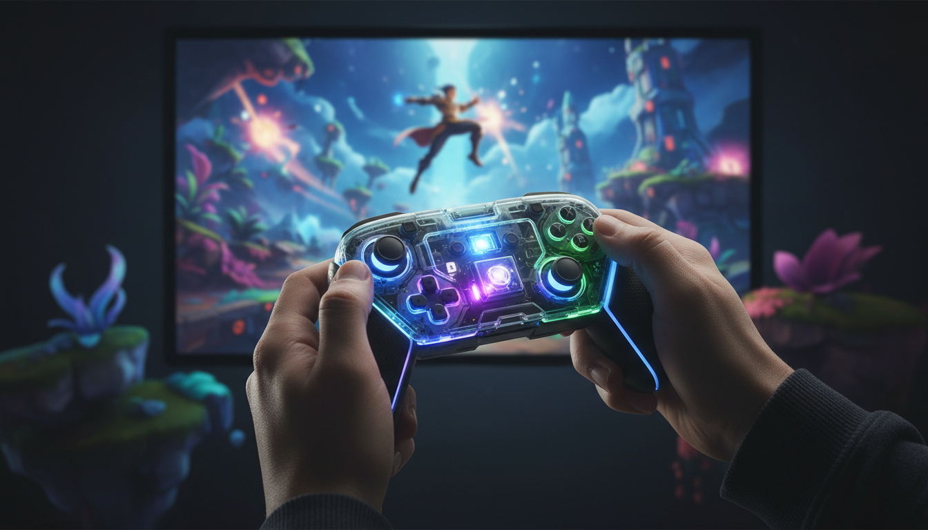 Controle do Nintendo Switch 2 em mãos de jogador, com jogo A&A épico no fundo, simbolizando novos lançamentos.