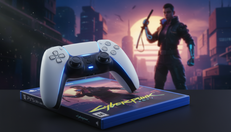 Controle DualSense PS5 e jogo de tiro com personagem em destaque