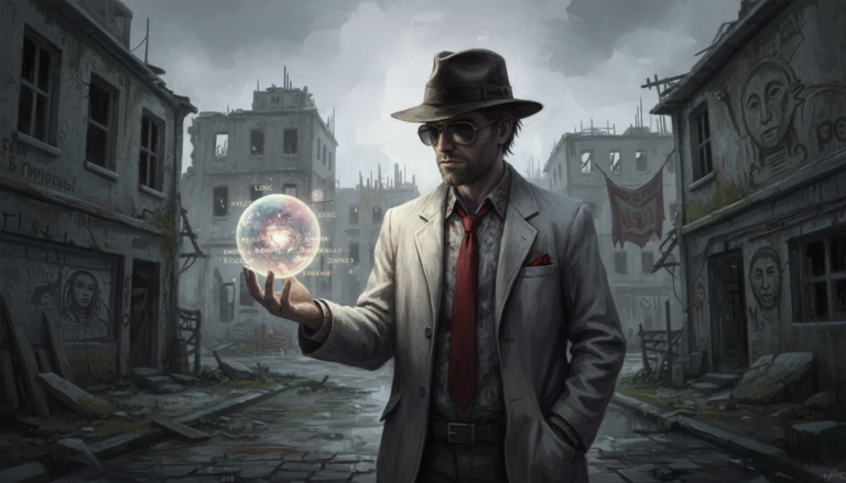 Harry Du Bois, protagonista de Disco Elysium, em um cenário sombrio de Revachol, ilustrando a análise do jogo para PC e sua atmosfera única.