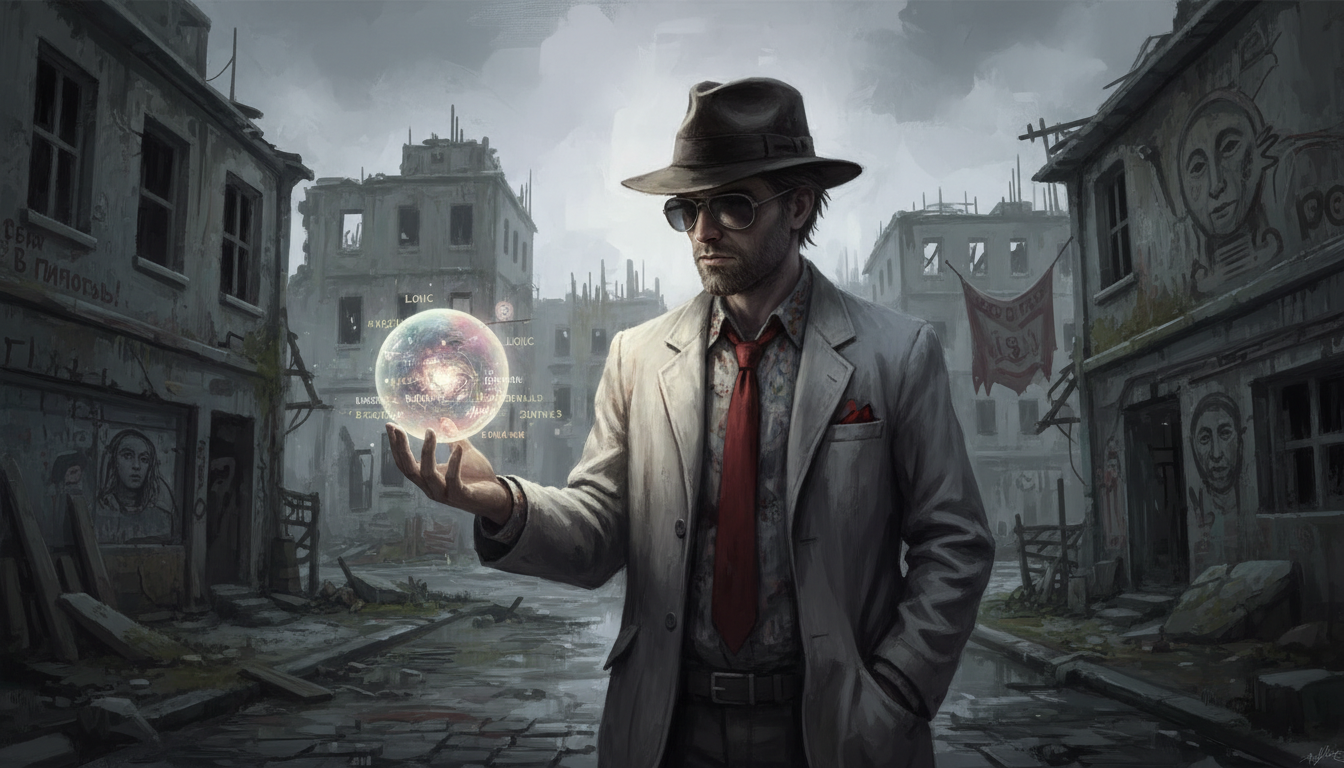 Harry Du Bois, protagonista de Disco Elysium, em um cenário sombrio de Revachol, ilustrando a análise do jogo para PC e sua atmosfera única.