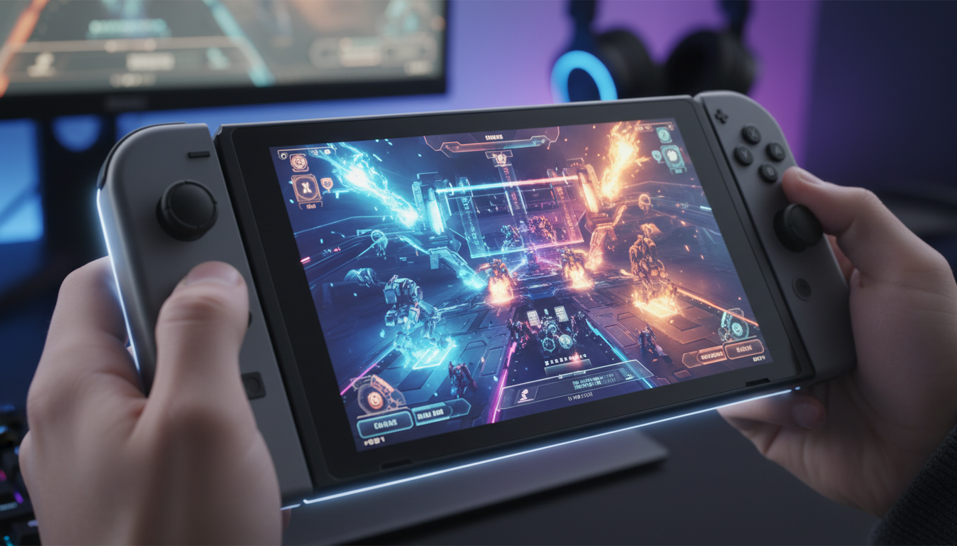 Nintendo Switch 2 com jogo de estratégia na tela, mãos segurando, dicas e cheats, 2026