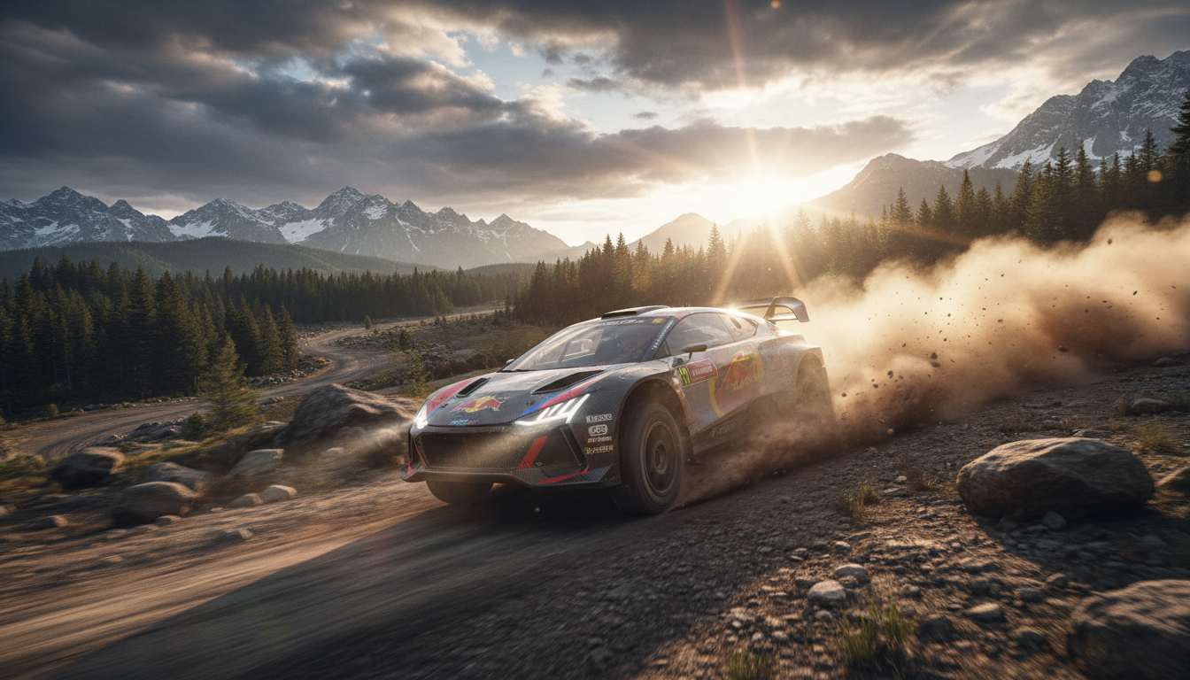 Carro de rally derrapando em Dirt 5 no PS5, corrida off-road extrema, jogo de corrida de nova geração.