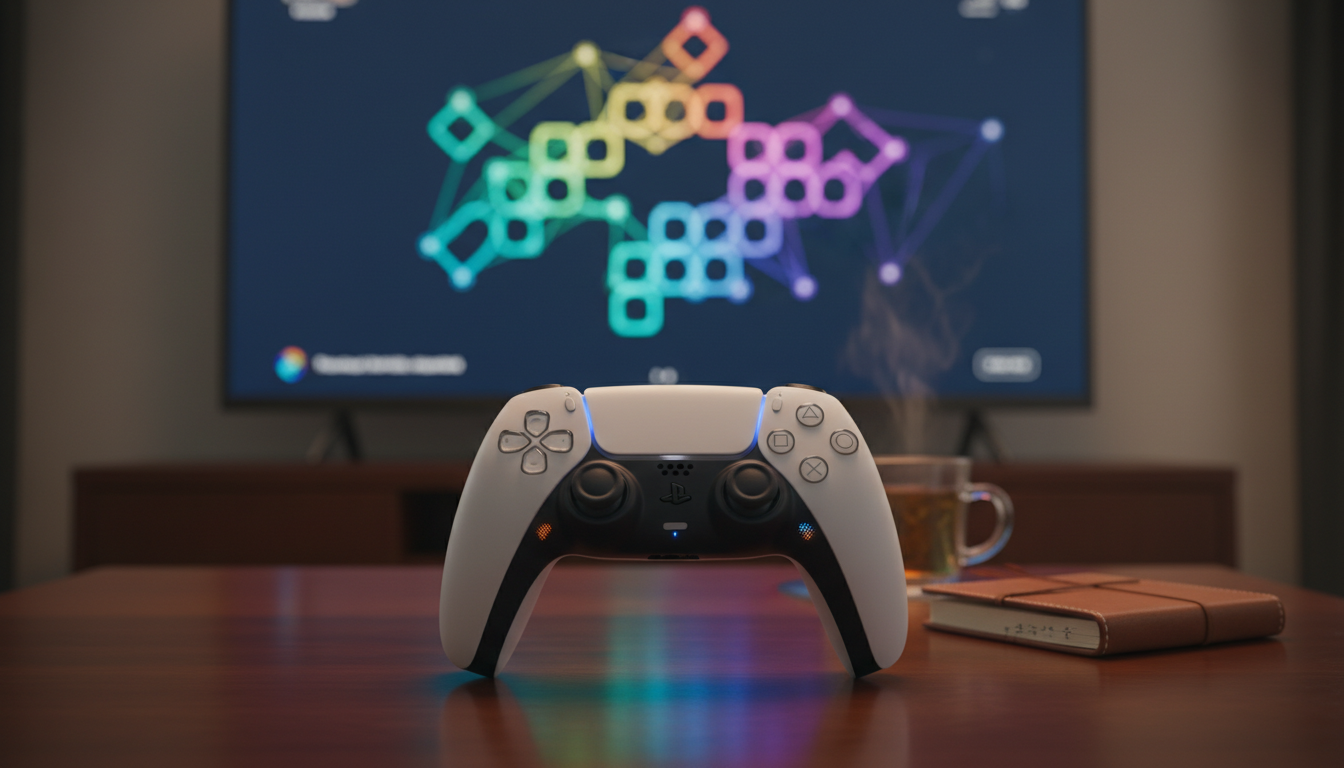 Controle DualSense PS5 com jogo de puzzle no fundo