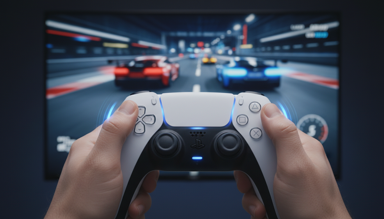 Controle DualSense PS5 com feedback háptico em jogos de corrida