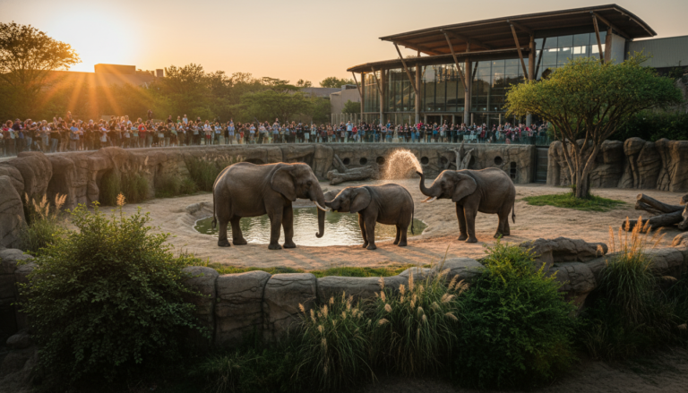 Elefantes africanos em um zoológico virtual de Planet Zoo no PS5, com gráficos realistas e ambiente detalhado.