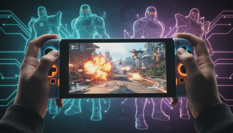 Jogador com Nintendo Switch 2 mostrando um shooter de 2025, gráficos avançados, explosões e personagens em combate