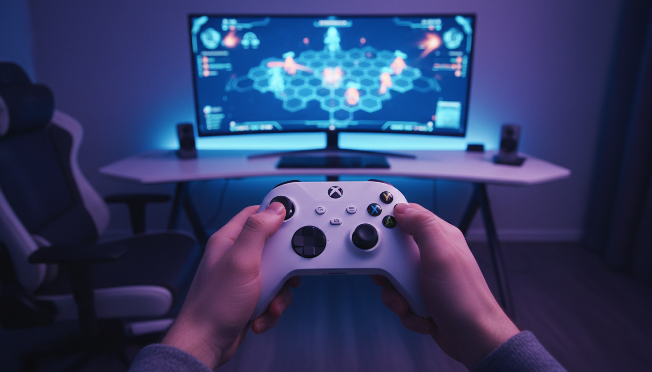 Jogador com controle Xbox Series S visualizando mapa tático de jogo de estratégia futurista em 2026