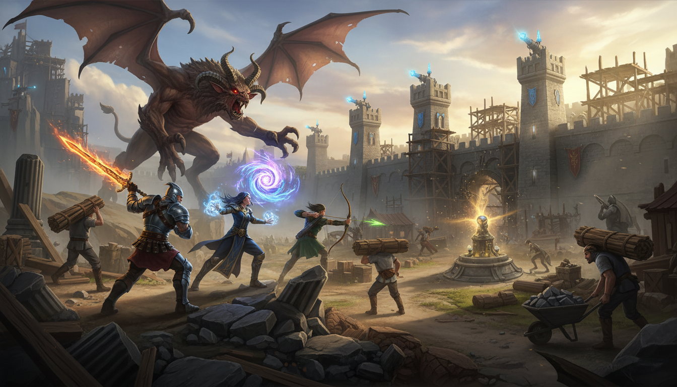 Heróis de SpellForce III em combate e base RTS em construção no PS5