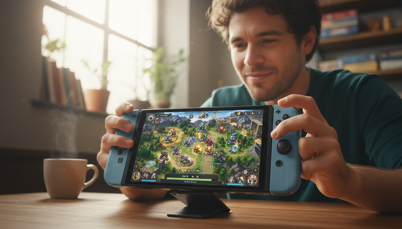 Jogador utilizando um Nintendo Switch 2 para um jogo de estratégia por turnos com gráficos de alta qualidade.