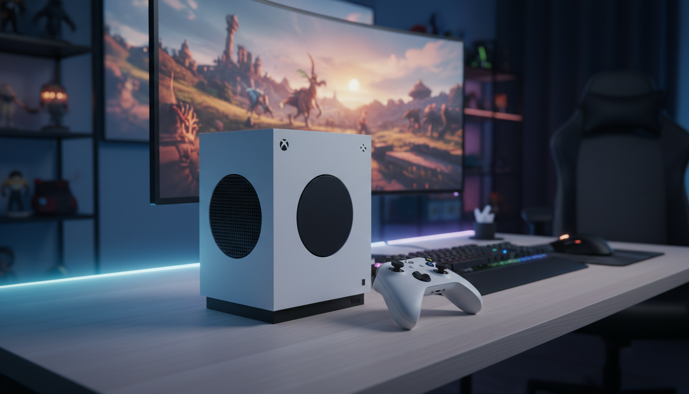 Xbox Series S em setup de jogo otimizado com controle, pronto para estratégia 2026