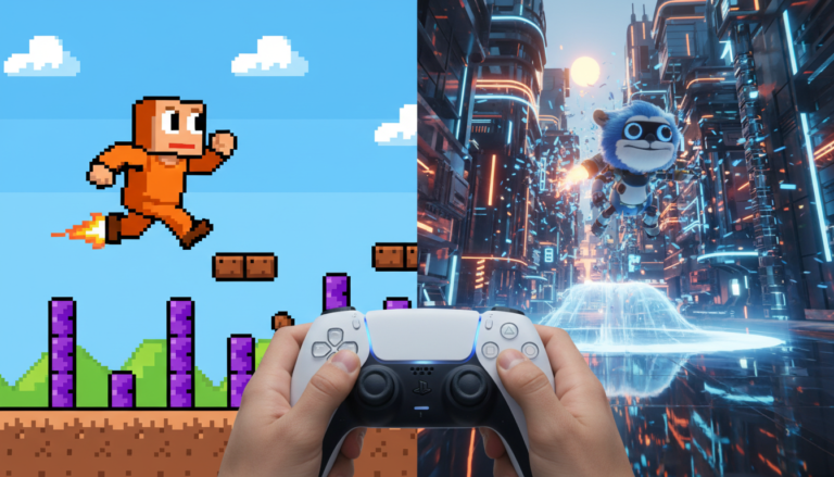 Imagem ilustrando a evolução dos jogos de plataforma no PS5 com elementos de jogos clássicos e modernos e um controle DualSense.
