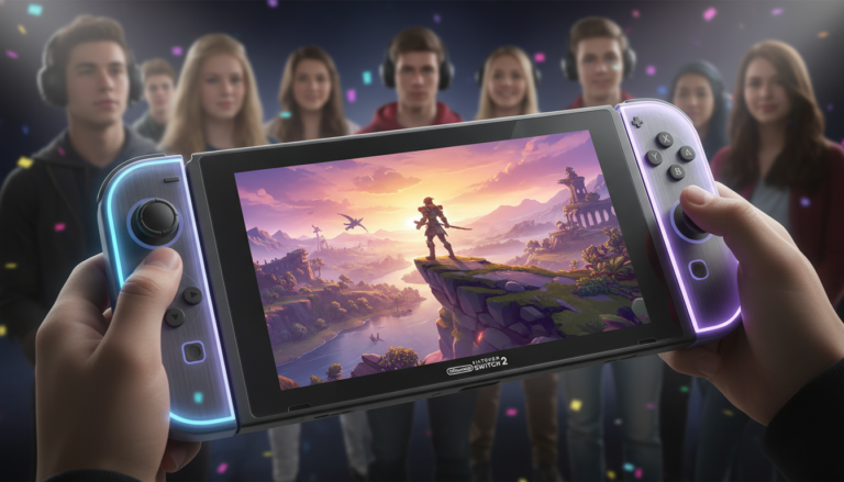 Console Nintendo Switch 2 exibindo um jogo de ação e aventura com gráficos impressionantes em um mundo aberto