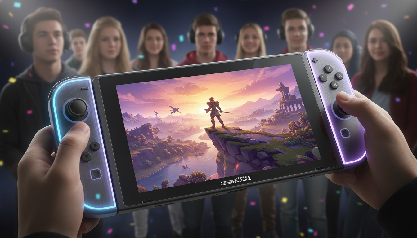 Console Nintendo Switch 2 exibindo um jogo de ação e aventura com gráficos impressionantes em um mundo aberto